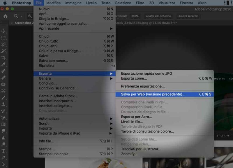 salva web photoshop compressione